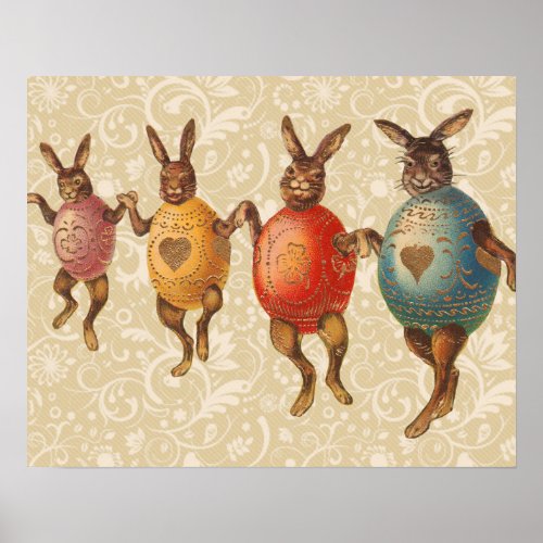 Vintage Easter Bunnies Dancing with Egg Costumes Poster