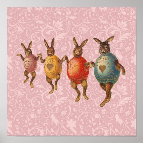 Vintage Easter Bunnies Dancing with Egg Costumes Poster