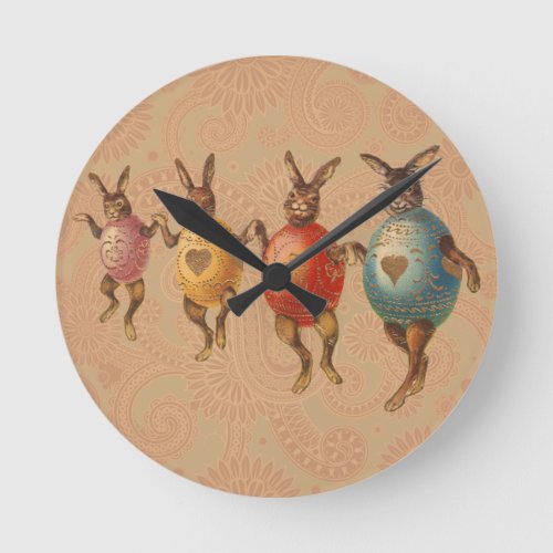 Vintage Easter Bunnies Dancing with Egg Costumes Round Clock