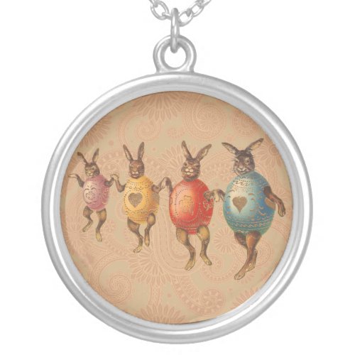 Vintage Easter Bunnies Dancing with Egg Costumes Silver Plated Necklace