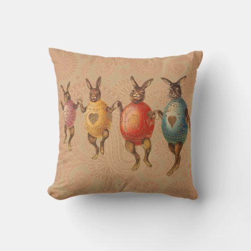 Vintage Easter Bunnies Dancing with Egg Costumes Throw Pillow