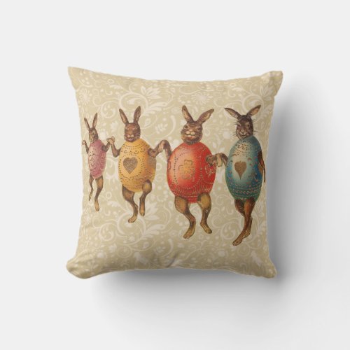 Vintage Easter Bunnies Dancing with Egg Costumes Throw Pillow