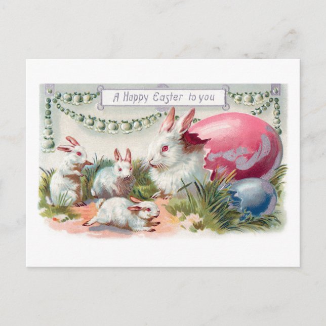 Vintage Easter Bunnies, Eggs & Flowers Postcard (Front)