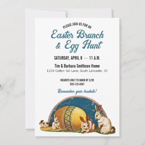 Vintage Easter Bunnies Gold Egg Teal Blue Brunch Invitation