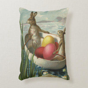 Vintage Easter Bunnies in a Boat with Easter Eggs Accent Pillow