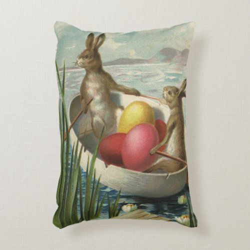 Vintage Easter Bunnies in a Boat with Easter Eggs Accent Pillow