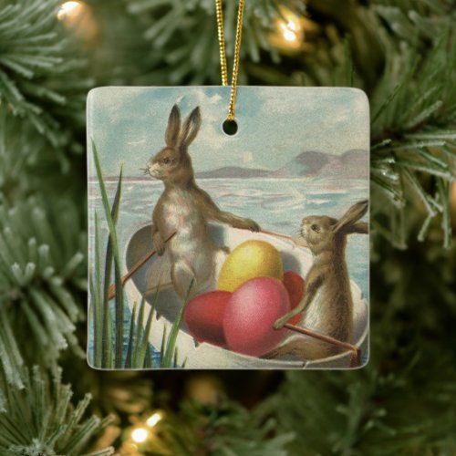 Vintage Easter Bunnies in a Boat with Easter Eggs Ceramic Ornament