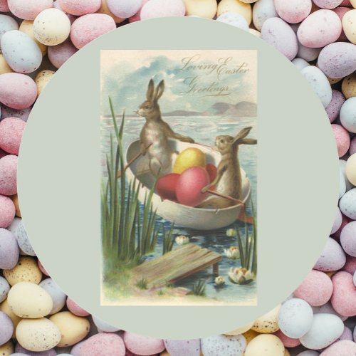 Vintage Easter Bunnies in a Boat with Easter Eggs Classic Round Sticker