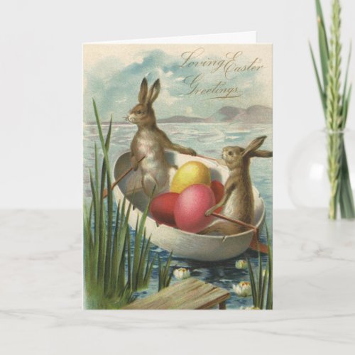 Vintage Easter Bunnies in a Boat with Easter Eggs Holiday Card