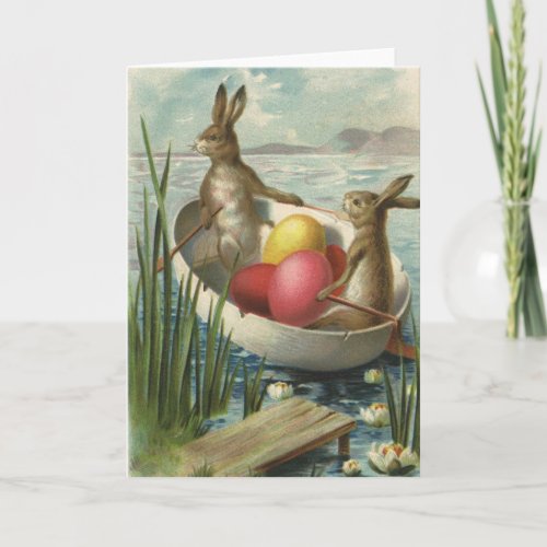 Vintage Easter Bunnies in a Boat with Easter Eggs Holiday Card