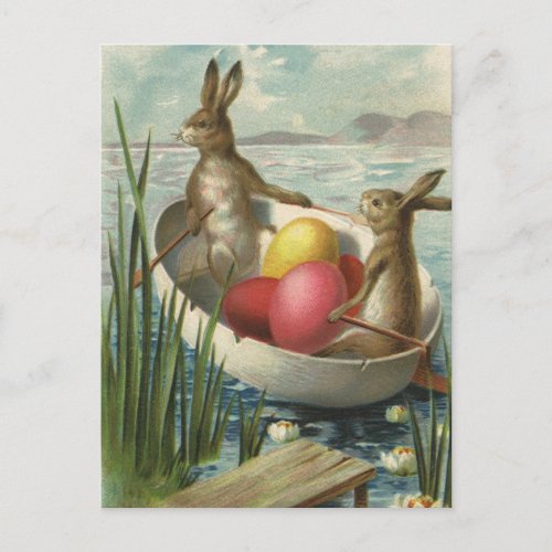 Vintage Easter Bunnies in a Boat with Easter Eggs Holiday Postcard
