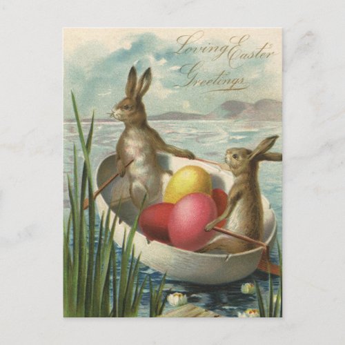 Vintage Easter Bunnies in a Boat with Easter Eggs Holiday Postcard