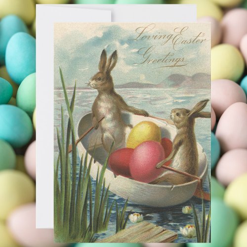 Vintage Easter Bunnies and Easter Eggs in a Boat Personalized Invitations