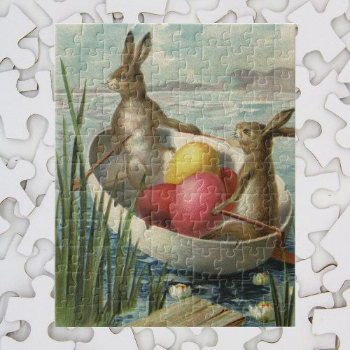 Vintage Easter Bunnies in a Boat with Easter Eggs Jigsaw Puzzle