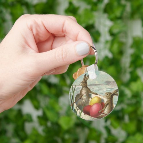 Vintage Easter Bunnies in a Boat with Easter Eggs Keychain