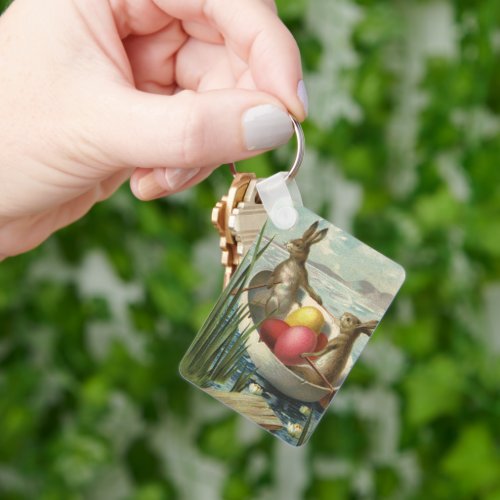 Vintage Easter Bunnies in a Boat with Easter Eggs Keychain