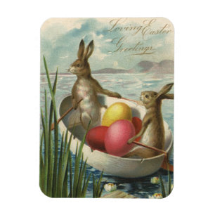 Vintage Easter Bunnies in a Boat with Easter Eggs Magnet