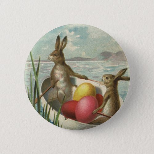 Vintage Easter Bunnies in a Boat with Easter Eggs Pinback Button