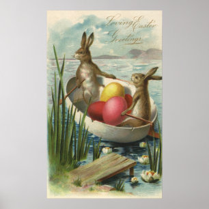 Vintage Easter Bunnies in a Boat with Easter Eggs Poster