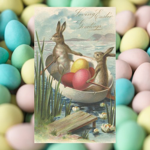 Vintage Easter Bunnies in a Boat with Easter Eggs Rectangular Sticker