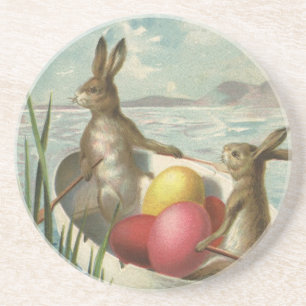 Vintage Easter Bunnies in a Boat with Easter Eggs Sandstone Coaster