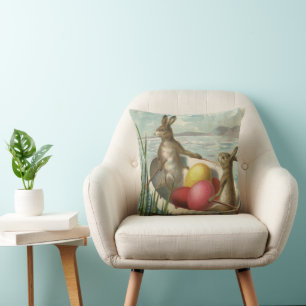 Vintage Easter Bunnies in a Boat with Easter Eggs Throw Pillow