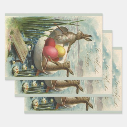 Vintage Easter Bunnies in a Boat with Easter Eggs Wrapping Paper Sheets
