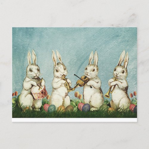 Vintage Easter Bunnies Musician Playing Instrument Postcard