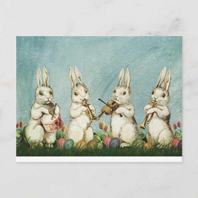 Vintage Easter Bunnies Musician Playing Instrument Postcard (Front)