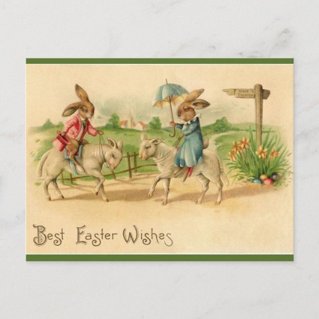 Vintage Easter Bunnies Riding Lambs Postcard (Front)
