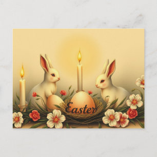 Vintage Easter Bunnies with Candles, Flowers Postcard