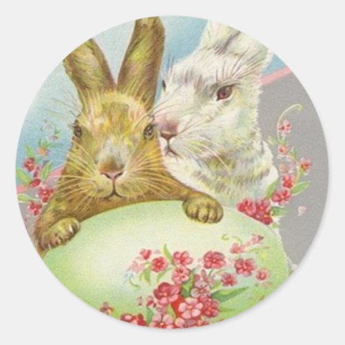 Vintage Easter Bunnies With Easter Egg Easter Card Classic Round Sticker