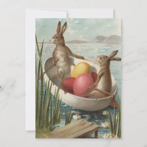 Vintage Easter Bunnies With Eggs In Boat Holiday Card