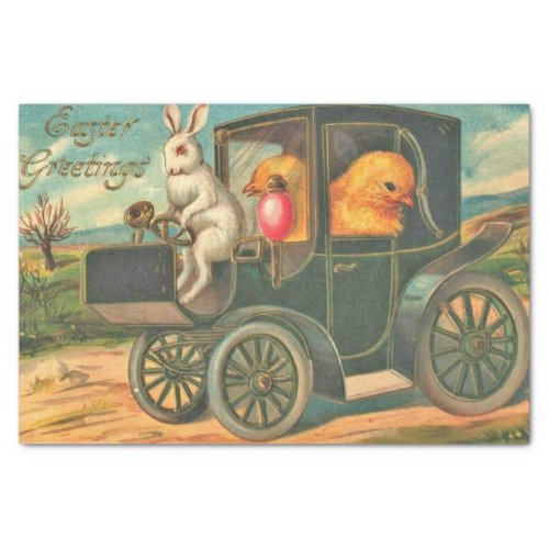 Vintage Easter Bunny and Chicks in Car Decoupage Tissue Paper