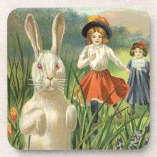 Vintage Easter Bunny and Children Happy Eastertide Beverage Coaster