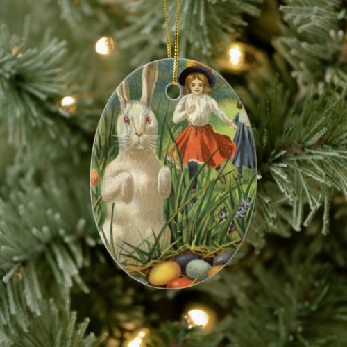 Vintage Easter Bunny and Children Happy Eastertide Ceramic Ornament