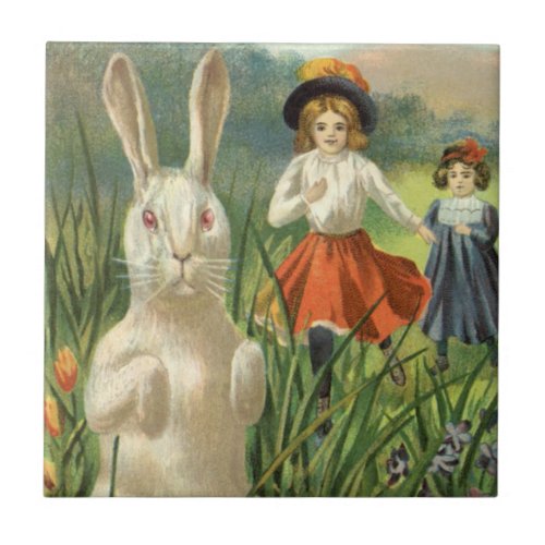 Vintage Easter Bunny and Children Happy Eastertide Ceramic Tile