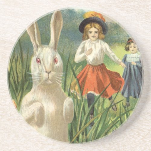 Vintage Easter Bunny and Children Happy Eastertide Drink Coaster
