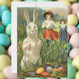 Vintage Easter Bunny and Children Happy Eastertide Holiday Card