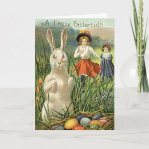 Vintage Easter Bunny and Children Happy Eastertide Holiday Card