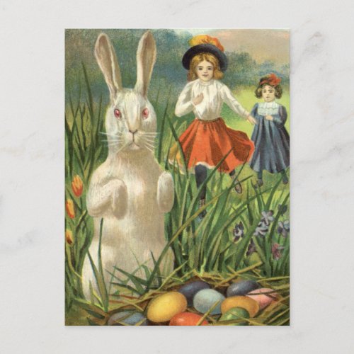 Vintage Easter Bunny and Children Happy Eastertide Holiday Postcard