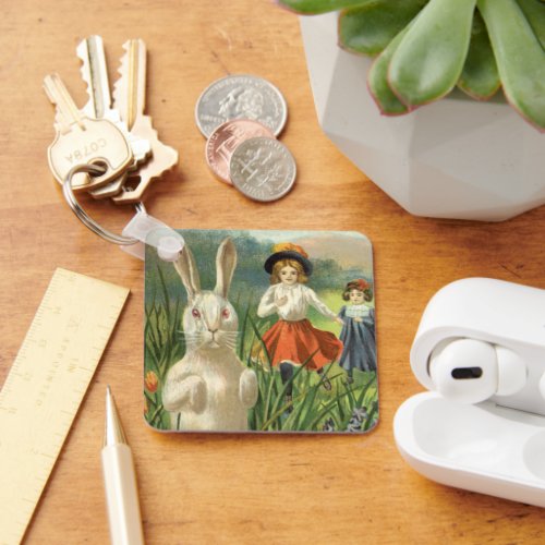 Vintage Easter Bunny and Children Happy Eastertide Keychain