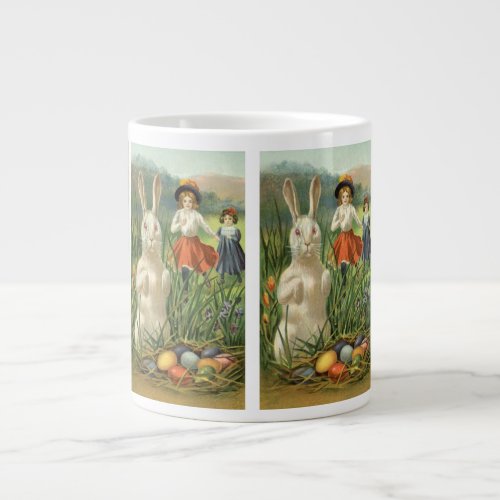Vintage Easter Bunny and Children Happy Eastertide Large Coffee Mug