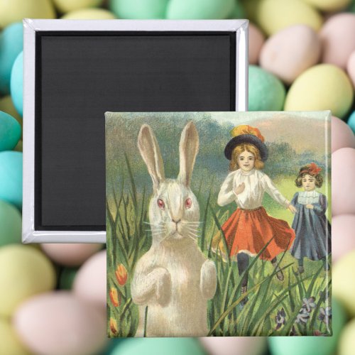 Vintage Easter Bunny and Children Happy Eastertide Magnet
