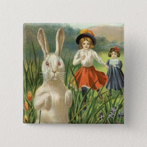 Vintage Easter Bunny and Children Happy Eastertide Pinback Button