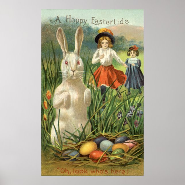 Vintage Easter Bunny and Children Happy Eastertide Poster (Front)