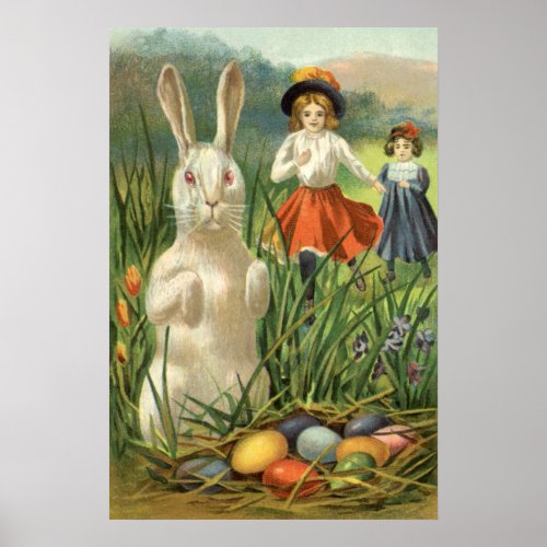 Vintage Easter Bunny and Children Happy Eastertide Poster