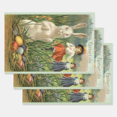Vintage Easter Bunny and Children Happy Eastertide Wrapping Paper Sheets