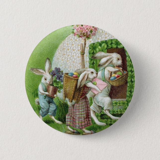 Vintage Easter Bunny and Easter Eggs Garden Button (Front)