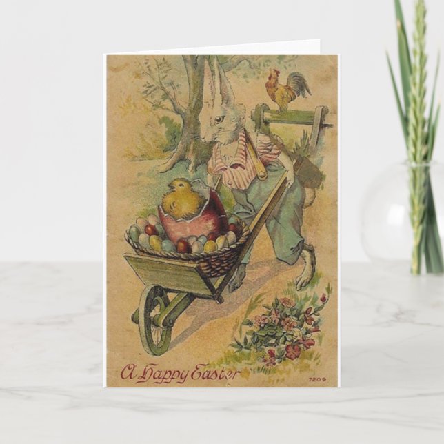 Vintage Easter Bunny And Egg Cart Easter Card (Front)